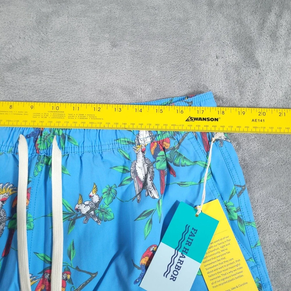 NEW Fair‎ Harbor Bungalow Short Mens 2X Blue Parrot Party Tropical Swim Trunks